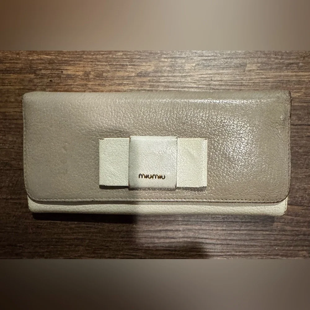 Miu Miu Beige Leather Double Snap Wallet with Bow Detail